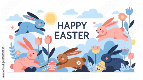 Happy Easter illustration featuring cute bunnies and decorated eggs in a spring landscape with flowers and sunshine.