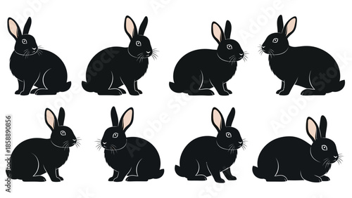 A collection of eight identical black rabbits arranged in two rows against a white background.