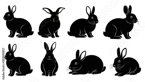 A collection of eight black rabbits depicted in a cartoonish, silhouette style, showcasing various poses and ear positions.