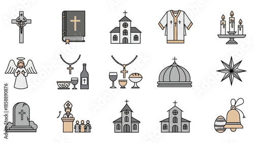 A collection of religious symbols and icons representing Christianity and other faiths, including churches, crosses, and ceremonial items.