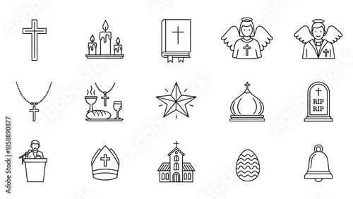 A collection of religious symbols and icons, including crosses, candles, a bible, angels, and a church.
