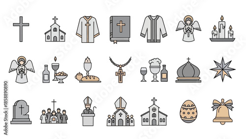 A collection of religious icons representing various symbols and elements of Christian faith and worship.