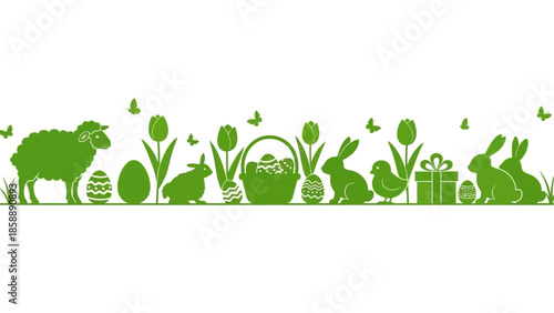 A vibrant green silhouette border featuring Easter-themed elements like sheep, bunnies, chicks, tulips, eggs, and a gift basket.