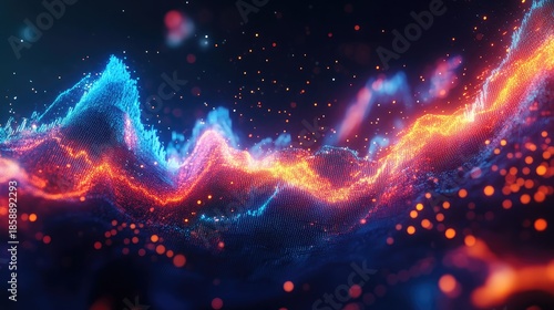 Abstract digital landscape filled with glowing data points and vibrant light trails forming fluctuating waveforms in orange, red, and blue tones on a dark background. Generative by AI