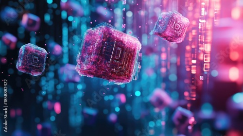 Floating luminous cubes display circuit-like surfaces within a virtual environment filled with light particles. Generative by AI