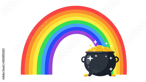 Rainbow arching over pot of gold, concept of St. Patrick’s Day  