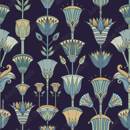 Seamless vector pattern of an ancient Egyptian lotus flower. Hand-drawn retro design in earthy tones, inspired by Egyptology and traditional ornamental motifs. Perfect for textiles, wallpaper, and