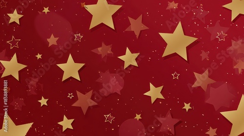 Golden Stars Floating on Red Gradient Backdrop with Bokeh Lights for Festive Celebration