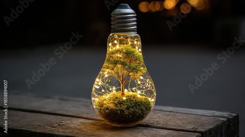 Light Bulb with Glowing Tree Inside on Rustic Wooden Surface at Night Illuminating Dark Background Conceptual Image