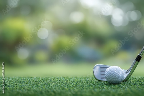 Golf Ball Next To Clubhead on Green Grass Course with Blurred Background, Fairway Landscape