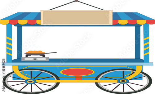 Traditional colorful South Asian street food stall or thela with a frying pan and steam