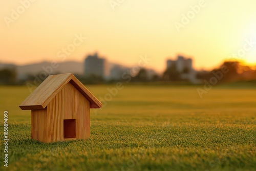 Miniature Wooden House on Green Meadow with Warm Sunset Glow and Blurred Cityscape Backdrop