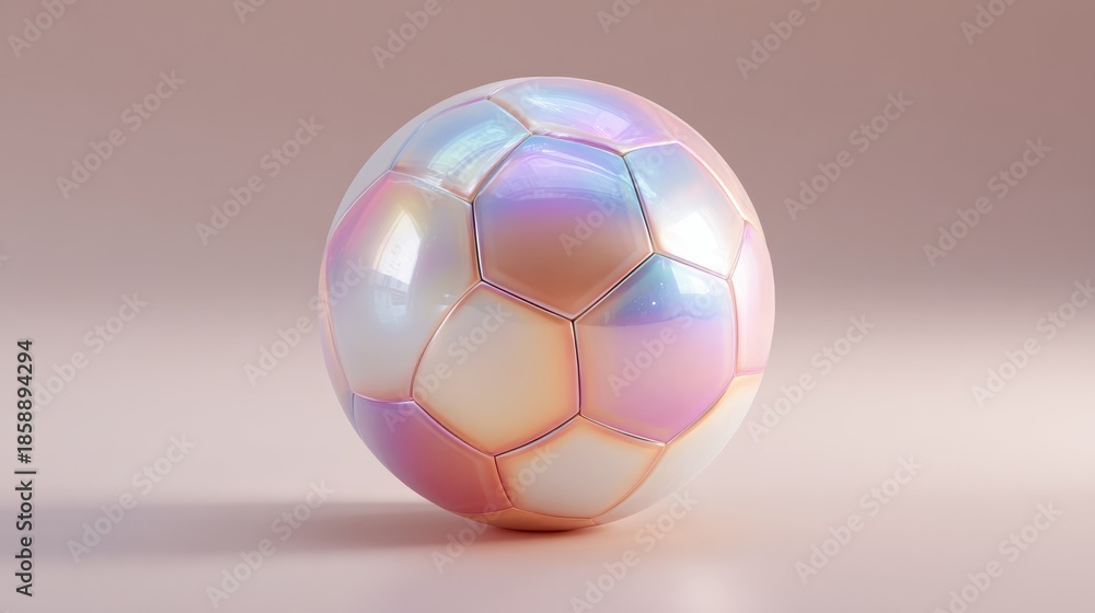 Fototapeta premium Minimalist 3D Render of a Glossy Soccer Ball with Soft Hues and Geometric Design