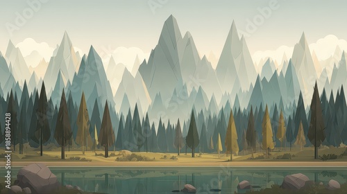 Pixel Art Landscape with Evergreen Trees and Reflected Mountains in Muted Green and Yellow Tones Reflecting on Calm Lake Surface During a Hazy Day