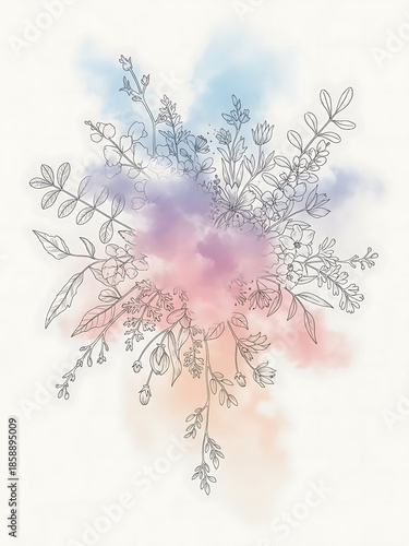 Botanical sketch with abstract watercolor background for versatile designs
