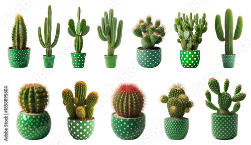 Beautiful cactus in a polka dot  green pot isolated on transparent background