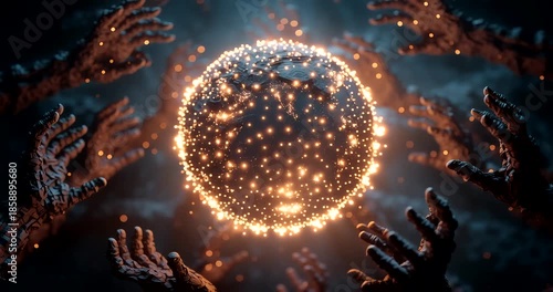 Mysterious dark hands reaching for a glowing planet Earth at night
