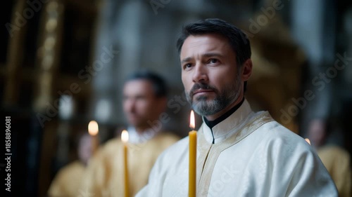 Orthodox church service scene with a high-ranking priest in ornate white and gold vestments holding liturgical candles and censers, surrounded by deacons in golden robes, rich