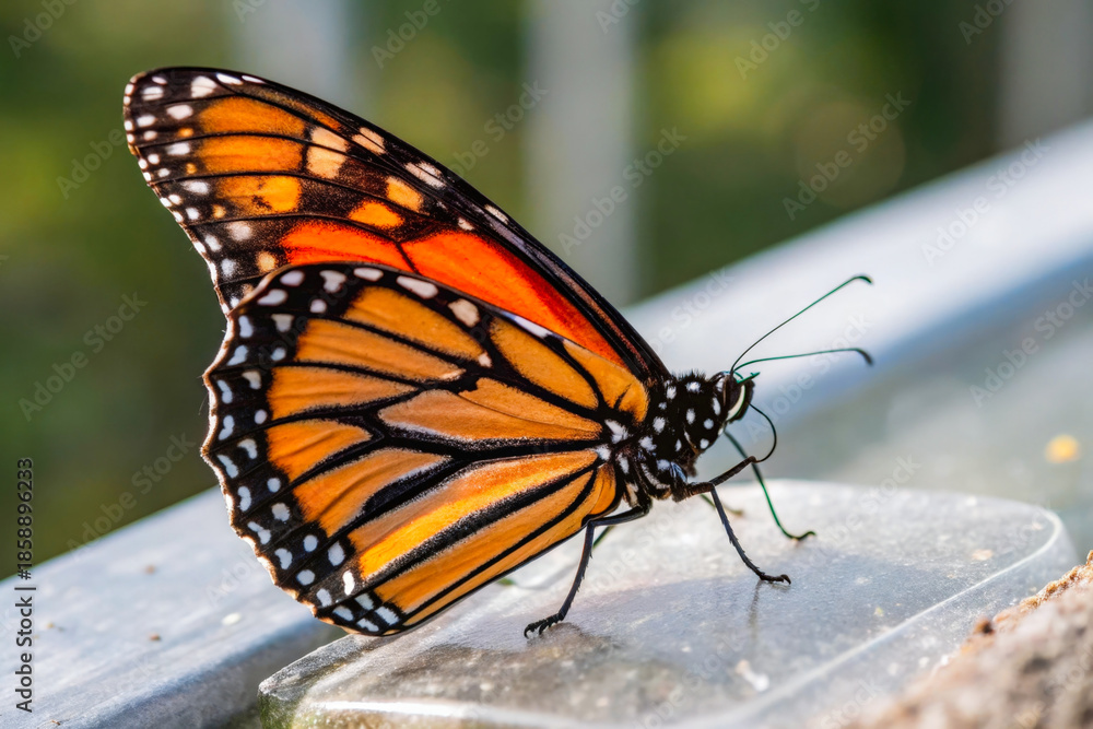 Obraz premium a monarch butterfly rests on a piece of wood