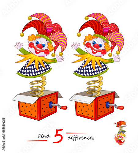 Find 5 differences. Drawing of funny toy clown. Logic puzzle game for children and adults. Page for kids brain teaser book. IQ test for smartest. Hand drawn flat vector illustration.
