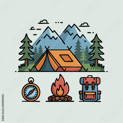 Outdoor adventure vector icons, tent, compass, backpack, campfire, consistent outline strok