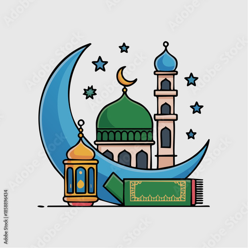 Ramadan vector icon bundle, crescent moon, mosque, lantern, prayer mat, elegant outline icons