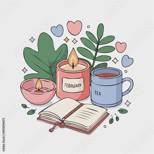 Self-care February icon bundle, candle, tea, journal, leaf, soft rounded outline icons