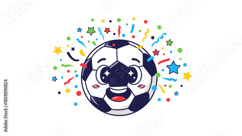 A cartoon soccer ball with a smiling face and colorful confetti 