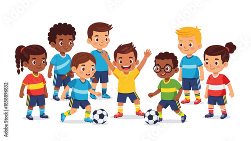 Group of happy diverse children playing soccer together
