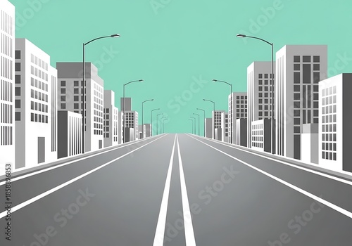 Urban perspective road leading to city skyline with towering buildings