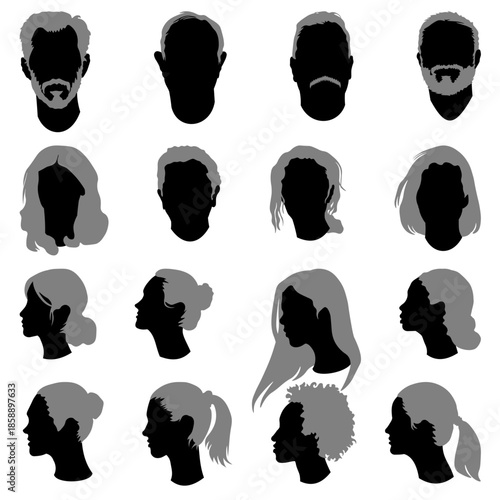 Set of face silhouettes, black and grey. Vector illustration