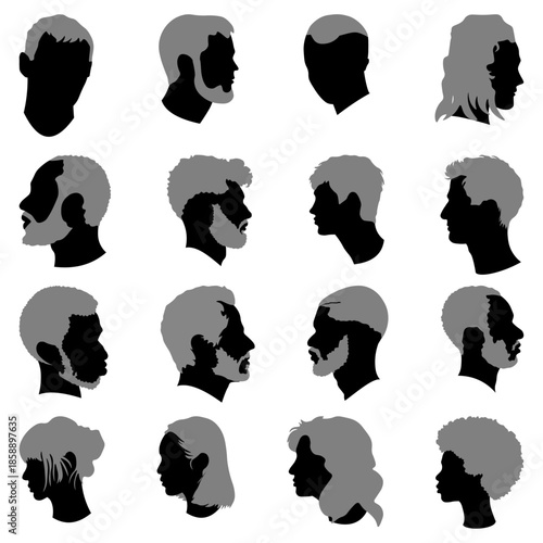 Set of face silhouettes, black and grey. Vector illustration