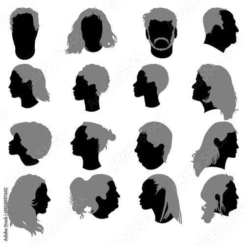 Set of face silhouettes, black and grey. Vector illustration