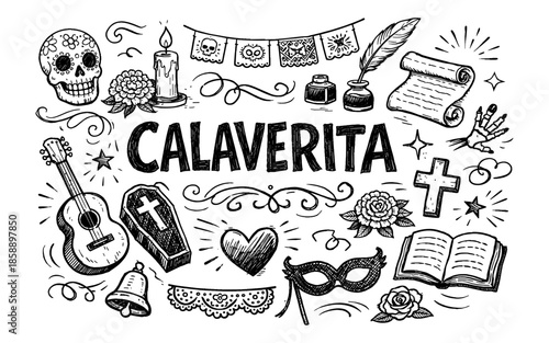 Day of the Dead "Calaverita" doodle art with traditional symbols and festive elements
