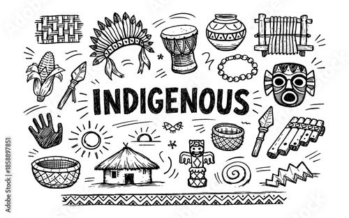 Collection of indigenous cultural symbols and artifacts in a doodle art style