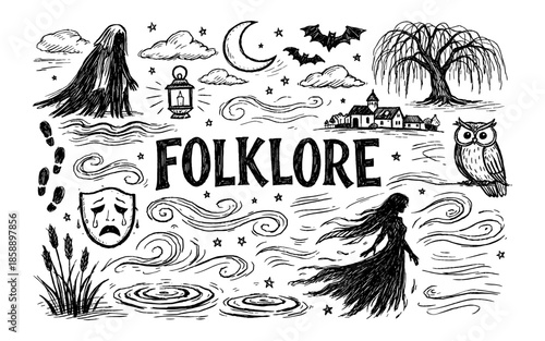 Hand-drawn illustration of folklore elements with the word folklore prominently displayed