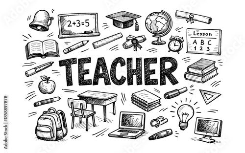 Hand-drawn doodle art celebrating the teaching profession with school supplies and symbols