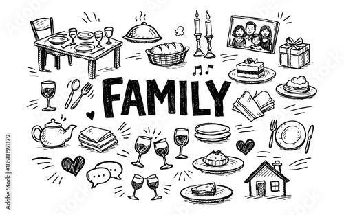 Doodle art celebrating family gatherings with food, drinks, and cherished memories