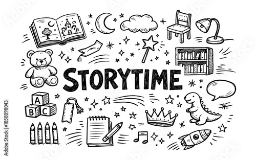 Whimsical doodle art celebrating storytime with children's imagination and learning elements