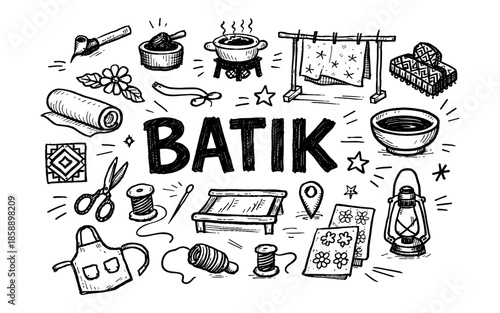 Doodle illustration of batik making process and tools with the word batik