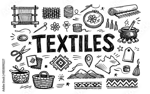 Hand-drawn illustration of various textile crafts and tools, celebrating the art of fabric making
