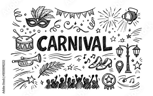 Hand-drawn carnival elements and word art celebrating festive occasions