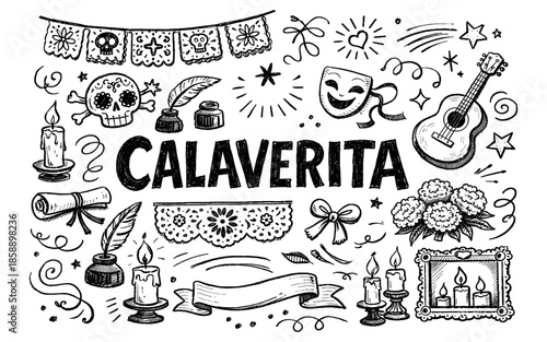 Day of the Dead doodle elements with "Calaverita" text and festive symbols