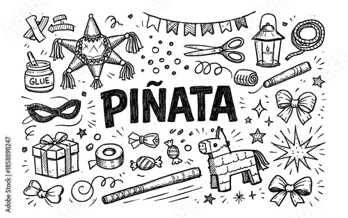 Hand-drawn doodle collection of pinata party elements and crafting supplies