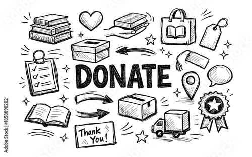 Hand-drawn doodle icons representing donation and charity concepts with the word DONATE