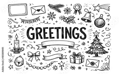 Hand-drawn doodle elements for holiday greetings and Christmas celebrations
