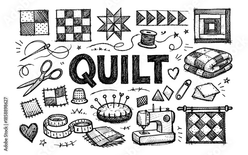 Hand-drawn collection of quilting tools and patterns with the word QUILT