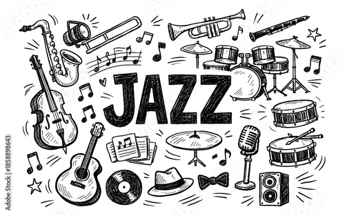 Hand-drawn illustration of various jazz instruments and musical notes in a doodle style