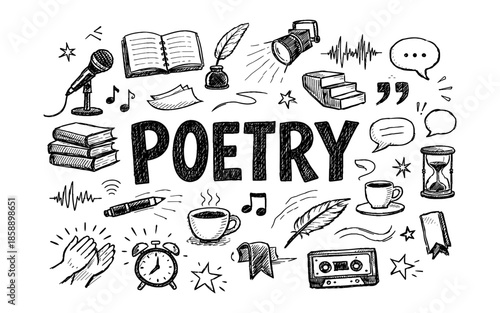 Creative poetry writing and performance elements doodle art collection