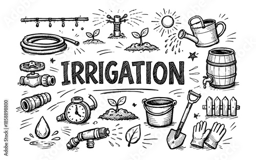 Doodle illustration of various irrigation tools and elements for gardening and farming